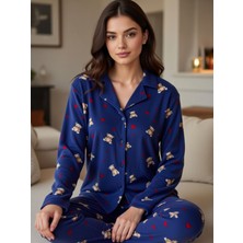 Rukod Kadın Mavi Ayıcık Desenli Polar Gömlek Yaka Düğmeli Uzun Altlı Pijama Takımı