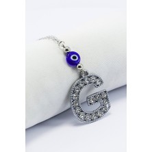 Biuti Gümüş Renkli Kristal Taşlı G Harfi Araba Dikiz Ayna Süsü, Nazar Boncklu Hediyelik Araba Süsü