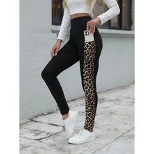 Stelol Kadın Yüksek Bel Cep Detaylı Leopar Desenli Dalgıç Tayt