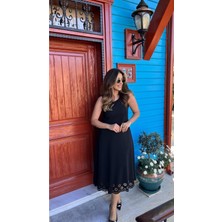 Stelol Kadın Kolsuz Etek Ucu Lazer Kesim Çiçek Desenli Midi Boy Janjan Krep Elbise