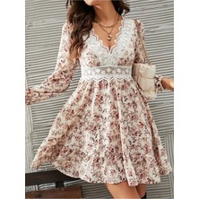 Stelol Kadın Uzun Kollu Dantel V Yakalı Mini Desenli Süprem Elbise