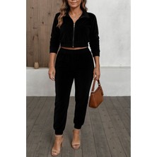 Stelol Kadın Uzun Kollu Önden Fermuarlı Krop Kadife Ceket ve Pantolon Ikili Takım