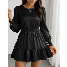 Stelol Kadın Uzun Kollu Bisiklet Yaka Beli Lastikli Fırfırlı Ithal Krep Elbise