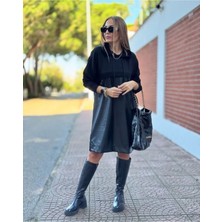 Stelol Kadın Uzun Kollu Kapüşon ve Deri Detay Diz Üstü Elbise