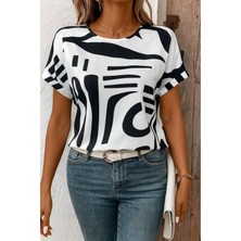 Stelol Kadın Kısa Kollu Yuvarlak Yaka Desenli Süprem Bluz