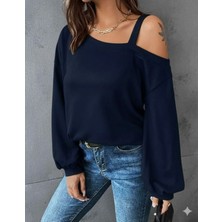 Stelol Kadın Uzun Kollu Tek Omuz Askı Detay Salaş Viskon Iki Iplik Bluz