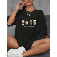 Stelol Baskılı Oversize Bisiklet Yaka T-Shirt - Siyah