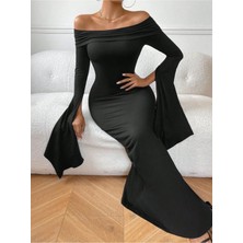 Stelol Kadın Madonna Yaka Uzun Yırtmaç Kol Detaylı Uzun Ithal Krep Elbise