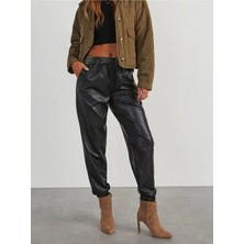 Stelol Kadın Yüksek Bel Lastikli Önü Düğmeli Deri Pantolon