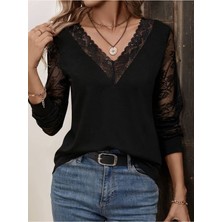 Stelol Kadın Uzun Kollu V Dantel Yakalı Viskon Bluz