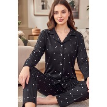 Rukod Kadın Siyah Beyaz Kalp Desenli Polar Gömlek Yaka Düğmeli Uzun Altlı Pijama Takımı