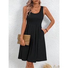 Stelol Kadın Askılı Yuvarlak Yaka Önden Pileli Viskon Elbise