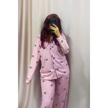 Rukod Pembe Kelebek Gömlek Yaka Kadın Pijama Takımı – Nefes Alan Süet Kumaş, Ev Giyim Konforu