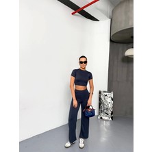 Stelol Osy Modal Yumuşak Dokulu Kumaş Kısa Kollu Crop Alt Ispanyol Paça Pantalon Ikili Takım - Füme