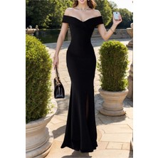 Stelol Kadın Dalgıç Kumaş Kayık Yaka ve Dekolte Detaylı Elbise