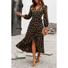 Stelol Kadın Uzun Kollu Kruvaze Yaka Yandan Bağlamalı Önden Fırfır Detaylı Süprem Uzun Elbise