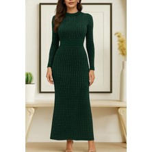 Stelol Kadın Uzun Kollu Bisiklet Yaka Taşlı Midi Kadife Elbise