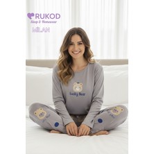 Rukod Kadın Gri Ayı Desenli Kışlık Bisiklet Yaka Uzun Kol Pamuklu Pijama Takımı