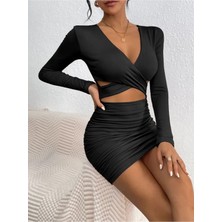 Stelol Kadın Uzun Kollu Çapraz Dekolte Detaylı Mini Sandy Elbise