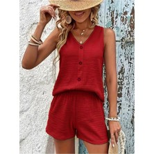 Stelol Kadın Askılı Kolsuz V Yakalı Önden Düğmeli Bürümcük Bluz ve Short Ikili Takım