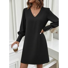 Stelol Kadın Uzun Kollu V Yakalı Kısa Ithal Krep Elbise