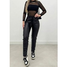 Stelol Kadın Yüksek Bel Kuşaklı Deri Pantolon