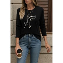 Stelol Kadın Uzun Kollu Bisiklet Yaka Yüz Desenli Viskon Bluz