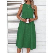 Stelol Kadın Kolsuz Bisiklet Yaka Cepli Midi Keten Elbise