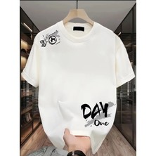 Stelol Baskılı Oversize Bisiklet Yaka T-Shirt - Beyaz