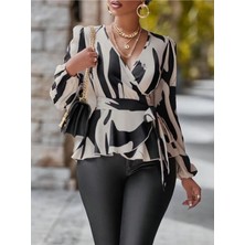 Stelol Kadın Uzun Kollu Kruvaze Yakalı Yandan Bağlamalı Kısa Beli Kuşaklı Modal Bluz