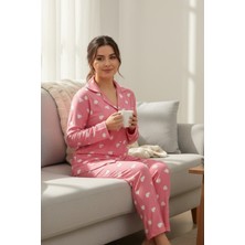 Rukod Süet Kumaş Pembe Kalpli Gömlek Yaka Kadın Pijama Takımı | Yumuşak, Likralı Pijama Takım
