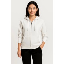 Stelol Üç Iplik Kapüşonlu Tam Fermuarlı Kanguru Çepli Sweatshirt Hoodie - Beyaz