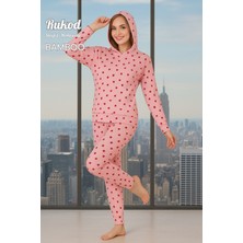 Rukod Kadın Kapşonlu Pembe Renk Şeftali Desenli Likralı Kol ve Bilek Manşet Detaylı Pijama Takımı