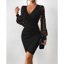 Stelol Kadın Uzun Kollu Pul Payetli Kruvaze Yaka Yandan Düğmeli Kısa Ithal Krep Elbise