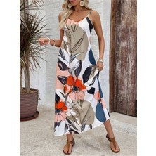 Stelol Kadın Ip Askılı Geniş V Yakalı Desenli Süprem Elbise