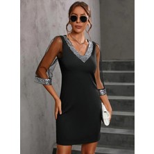 Stelol Kadın Uzun Kollu V Yaka ve Kol Ucu Pul Payet Krep Elbise