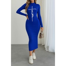 Stelol Kadın Uzun Kollu Boğazlı Baskı Detaylı Viskon Tam Boy Elbise