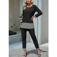 Stelol Kadın Uzun Kollu Yuvarlak Yakalı Kaz Ayağı Detaylı Viskon Iki Iplik Bluz ve Pantolon Ikili Takım