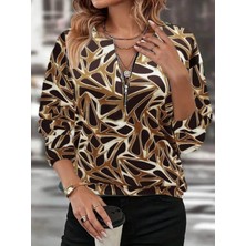 Stelol Kadın Uzun Kollu Yuvarlak Yaka Fermuarlı Desenli Şardonlu Bluz