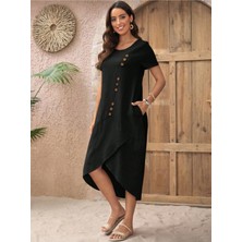 Stelol Kadın Kısa Kollu Bisiklet Yaka Düğme Detay Müslim Elbise