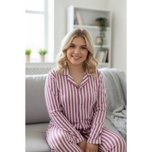 Rukod Pembe Beyaz Çizgili Gömlek Yaka Desenli Kadın Pijama Takımı – Milan Kumaş, Günlük Rahat Kullanım