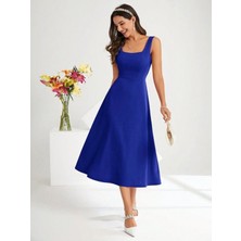 Stelol Kadın Askılı Kare Yakalı Midi Ithal Krep Elbise