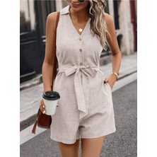 Stelol Kadın Sıfır Kollu Yakalı Düğmeli Belden Kuşaklı Kısa Keten Tulum