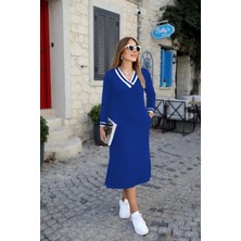 Stelol Kadın Uzun Kollu V Yakalı Yandan Yırtmaçlı Iki Iplik Midi Elbise