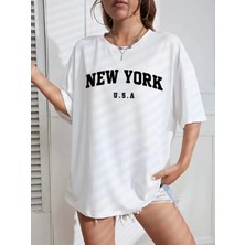 Stelol New York Baskılı Oversize Bisiklet Yaka T-Shirt - Beyaz