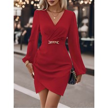 Stelol Kadın Uzun Kollu Kruvaze Yaka Yandan Büzgülü Asimetrik Detaylı Ithal Krep Mini Elbise