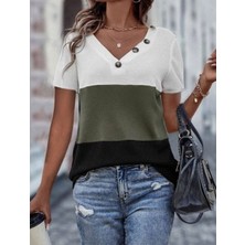 Stelol Kadın Kısa Kollu V Yakalı Düğmeli Waffle Bluz