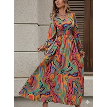 Stelol Kadın Uzun Kollu V Yakalı Desenli Maxi Süprem Elbise