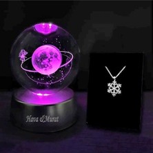 Keyfim Shop Kişiye Özel Satürn Işıklı Cam Küre 8cm*6cm Kar Tanesi Kolye Hediyeli