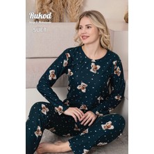 Rukod Kadın Uzun Kollu Ayıcık Desenli Bisiklet Yaka Süet Pijama Takımı